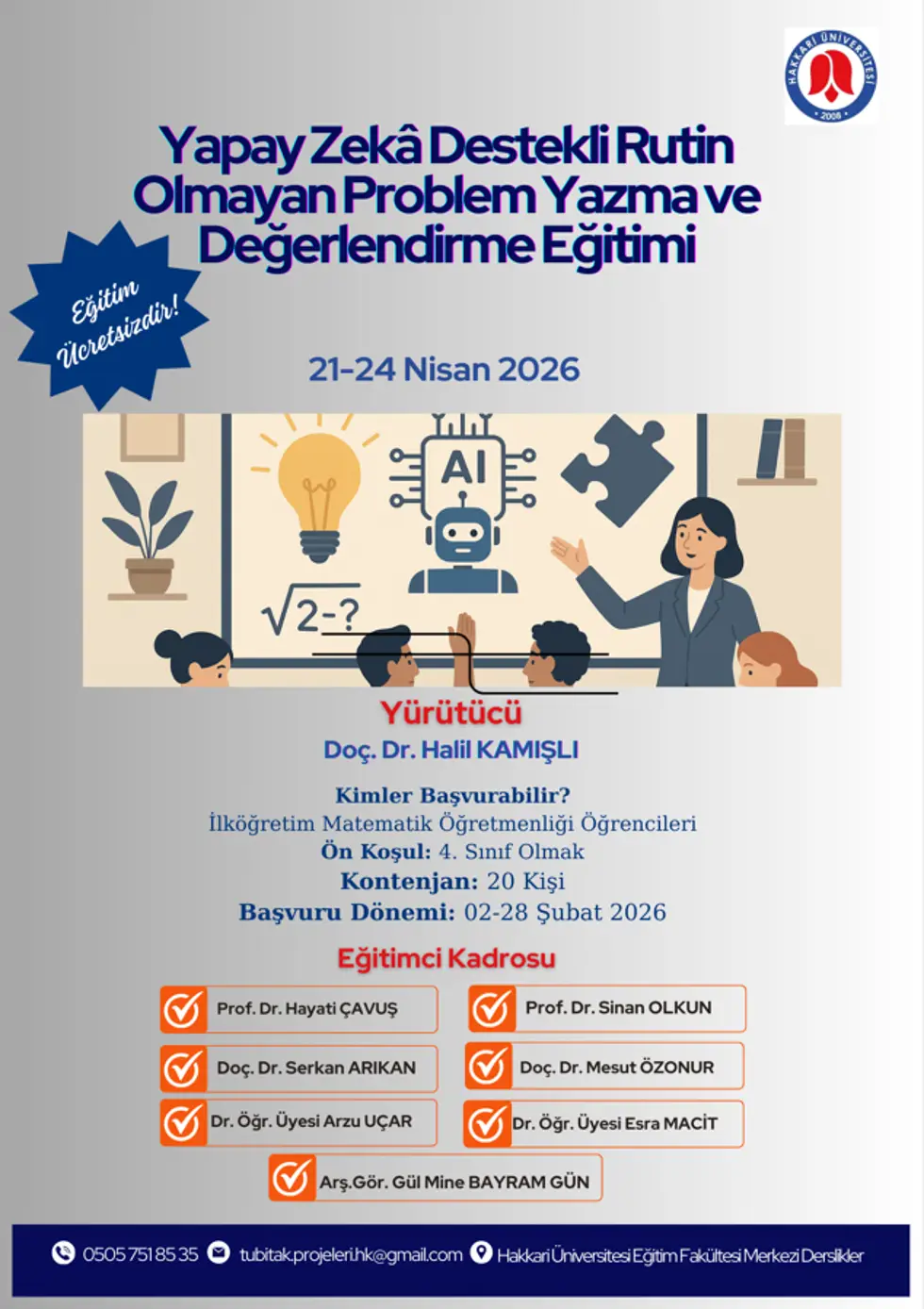 Yapay Zekâ Destekli Rutin Olmayan Problem Yazma ve Değerlendirme Eğitimi etkinlik afişi