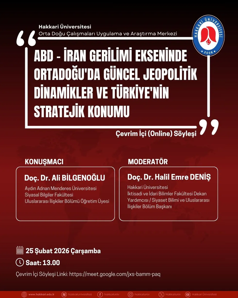 "ABD- İran Gerilimi Ekseninde Ortadoğu'da Güncel Jeopolitik Dinamikler ve Türkiye'nin Stratejik Konumu" başlıklı Çevrim İçi Söyleşi etkinlik afişi