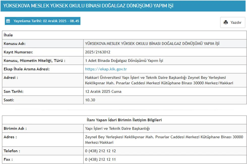 Yüksekova Meslek Yüksek Okulu Binası Doğalgaz Dönüşümü Yapım İşi