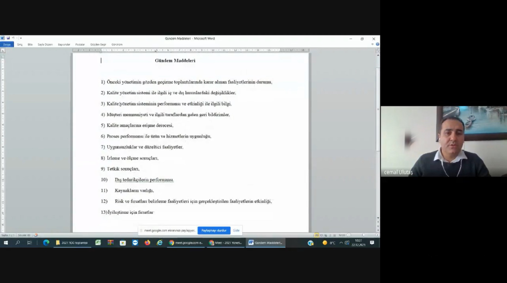 Üniversitemiz 2021 Yılı Yönetimin Gözden Geçirilmesi Toplantısı Yapıldı